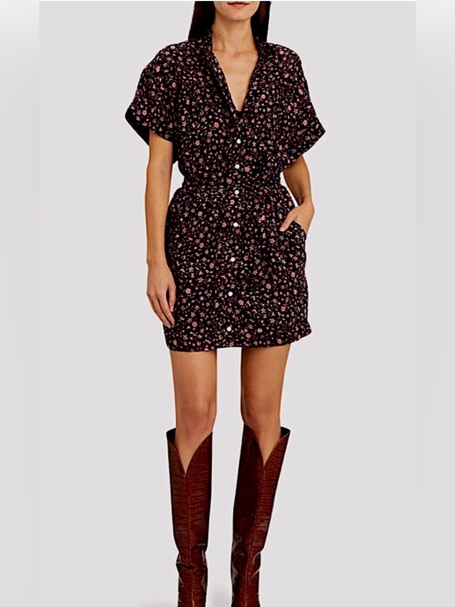 Frame Floral-Print Ramie Mini Shirt Dress With Belt, Size Xs